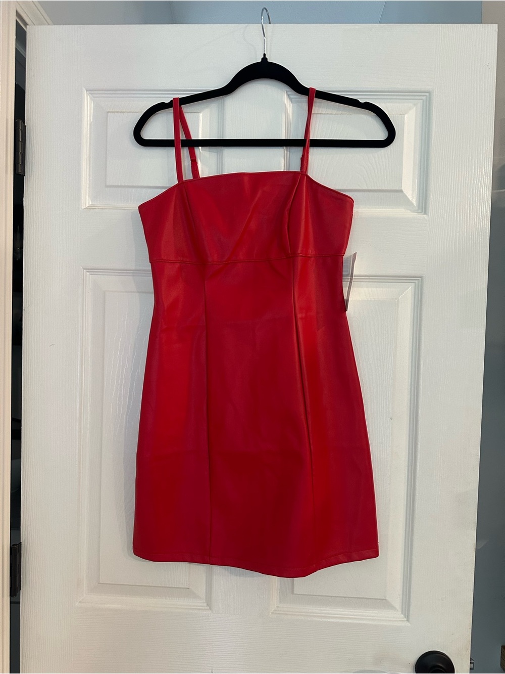 Red Faux-Leather Spaghetti Strap Mini Dress